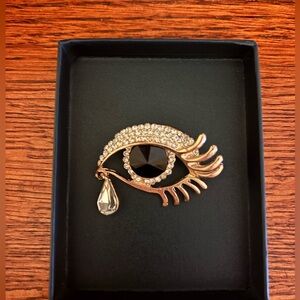 Gold Tone Rhinestone Crying Eye Brooch Pin with Crystal Teardrop